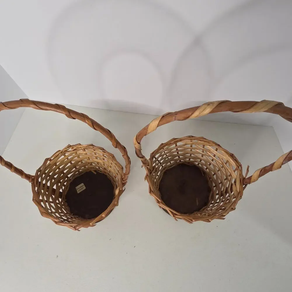 Pair of Vintage Rustic Wicker Baskets High Fixed Handles Country Decor
